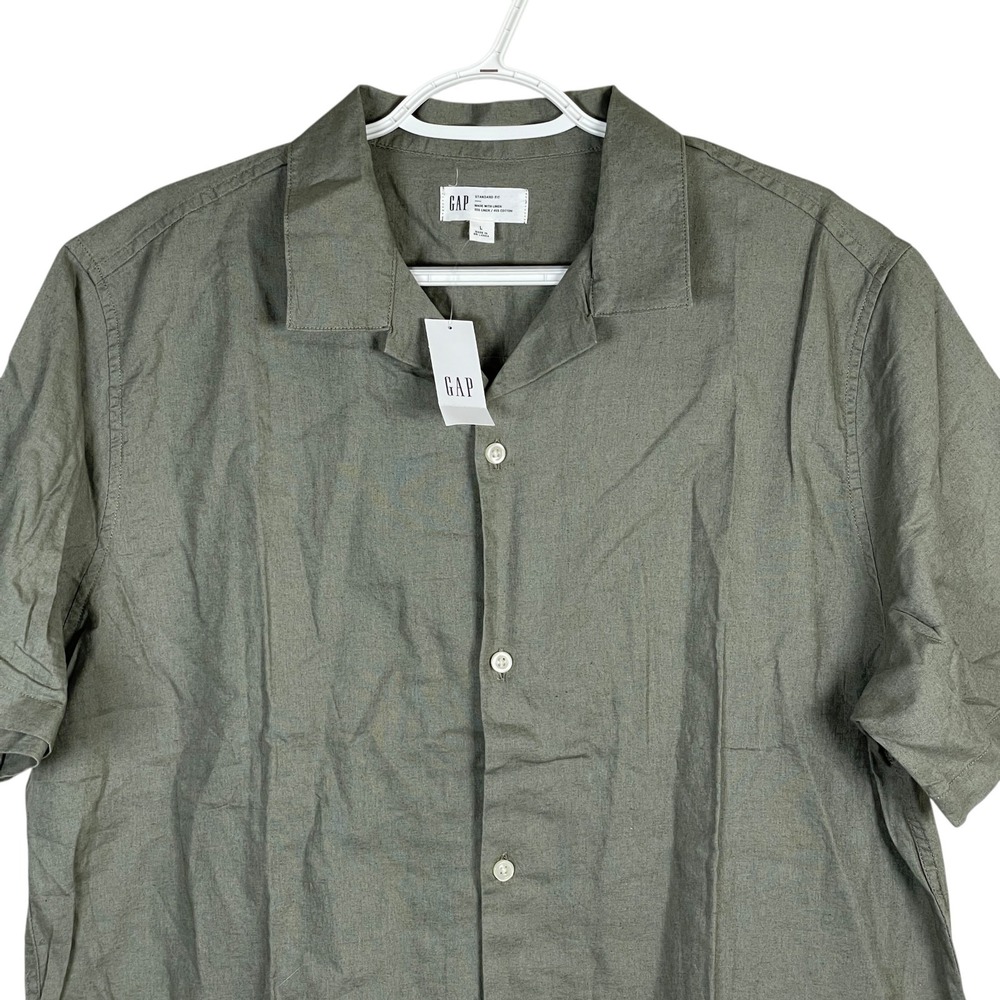 Gap Linen Blend Shirt Standard Fit Mens‎ L Green Button Up Short Sleeve
